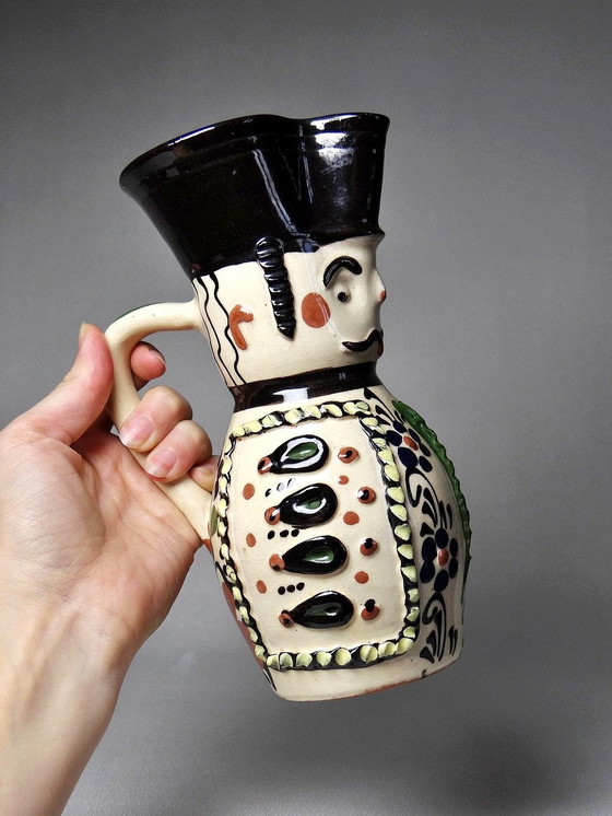 Image 1 of Antique Hungarian Earthenware Enameled Folk Art Miska Pitcher