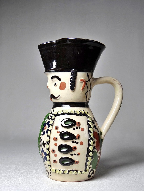 Image 1 of Antique Hungarian Earthenware Enameled Folk Art Miska Pitcher