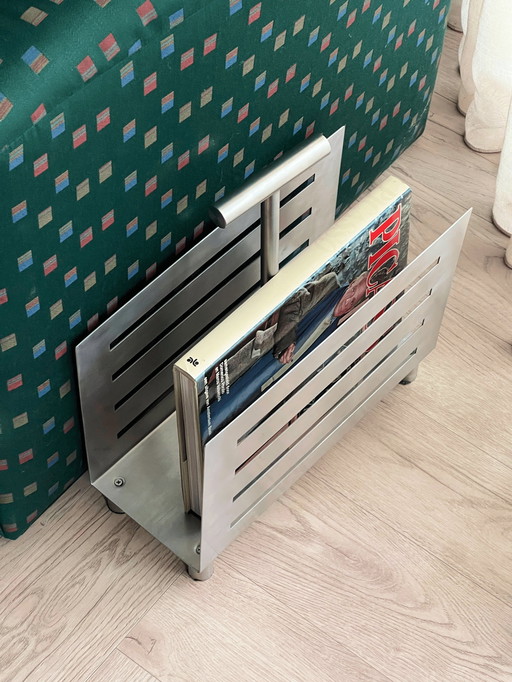 Vintage Brushed Stainless Steel Magazine Rack