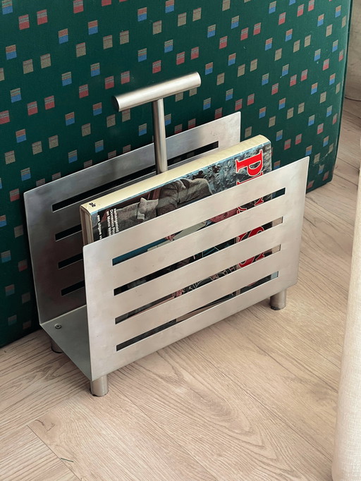 Vintage Brushed Stainless Steel Magazine Rack
