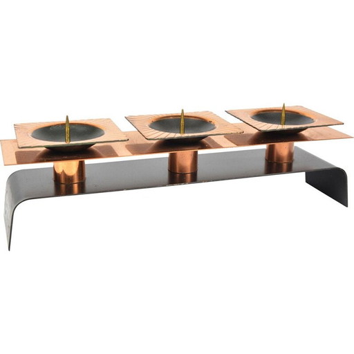 Candeliere basso vintage in ottone a 3 punte, Germania 1960