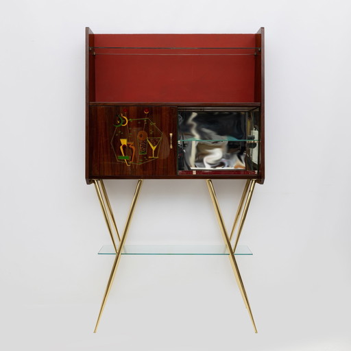 Mid-Century Modern Brass And Walnut Bar Cabinet With 2 Stools, Italy, 1950S