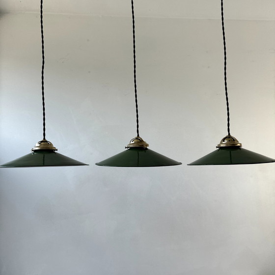 Image 1 of Lot 3 Antique Conical Enameled Industrial Hangers