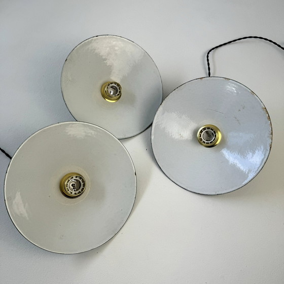 Image 1 of Lot 3 Antique Conical Enameled Industrial Hangers