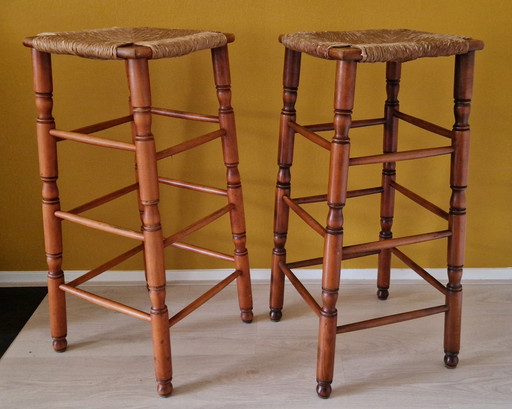 2x Vintage Wooden Barstool Piping Seat