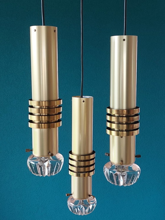 Image 1 of Mid-Century Brass & Glass Pendant Light