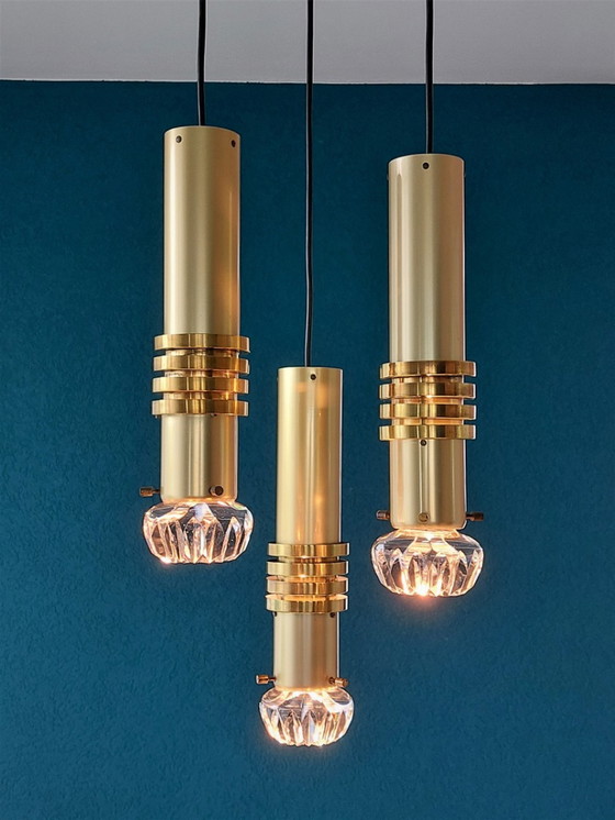 Image 1 of Mid-Century Brass & Glass Pendant Light