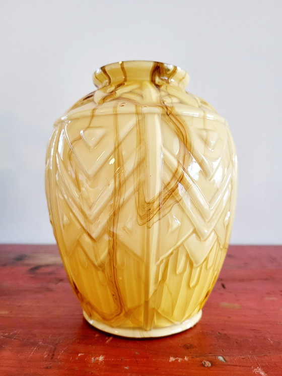 Image 1 of Art deco opaline glass vase with relief, probably Verreries de Scailmont, Henri Heemskerk, Belgium