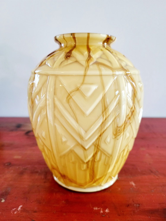 Image 1 of Art deco opaline glass vase with relief, probably Verreries de Scailmont, Henri Heemskerk, Belgium