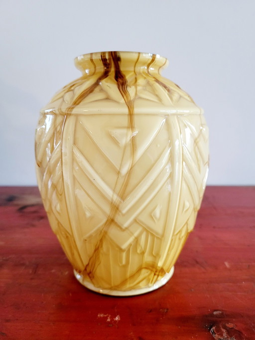 Art deco opaline glass vase with relief, probably Verreries de Scailmont, Henri Heemskerk, Belgium