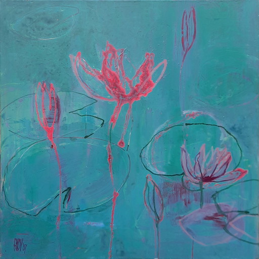 Lotus Flowers - Acrylic On Canvas By Annette Van De Vegte