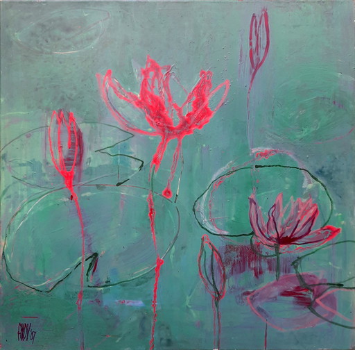 Lotus Flowers - Acrylic On Canvas By Annette Van De Vegte