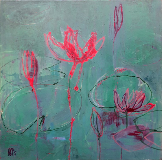 Image 1 of Lotus Flowers - Acrylic On Canvas By Annette Van De Vegte