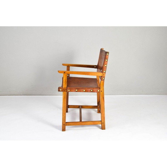 Image 1 of Poltrona Castellana vintage in rovere e pelle color cognac, Spagna