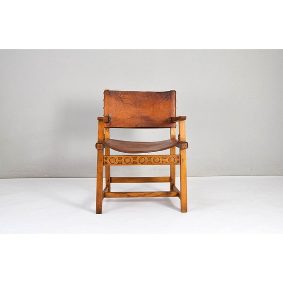 Image 1 of Poltrona Castellana vintage in rovere e pelle color cognac, Spagna