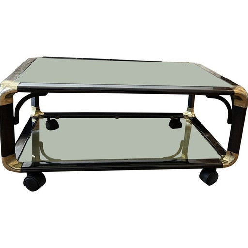 Vintage black and gold coffee table on casters, 1980