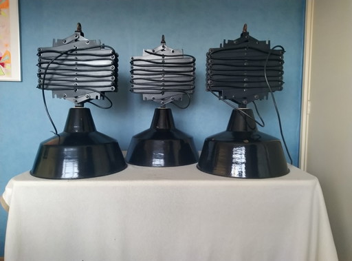 3x industrial lamps black and white enamel