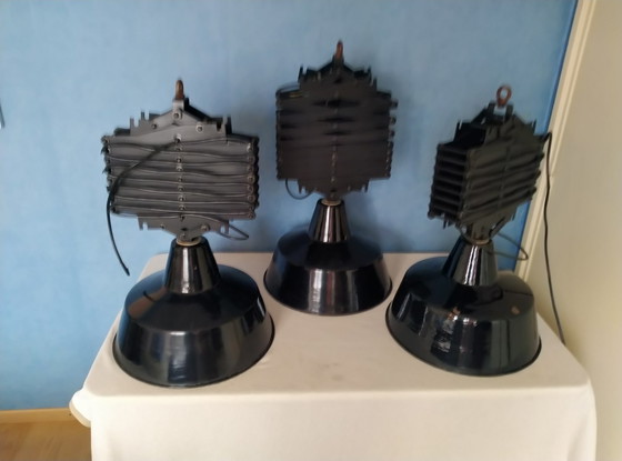 Image 1 of 3x industrial lamps black and white enamel