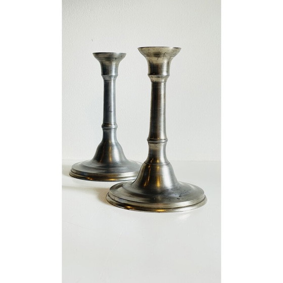 Image 1 of Pair of vintage pewter candlesticks