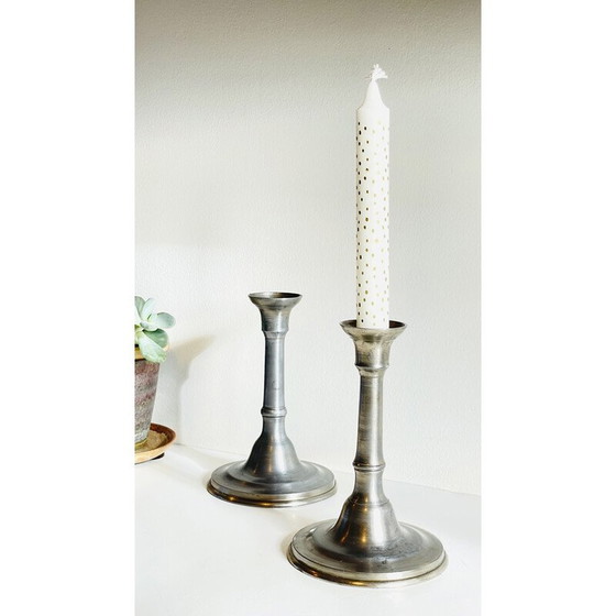 Image 1 of Pair of vintage pewter candlesticks