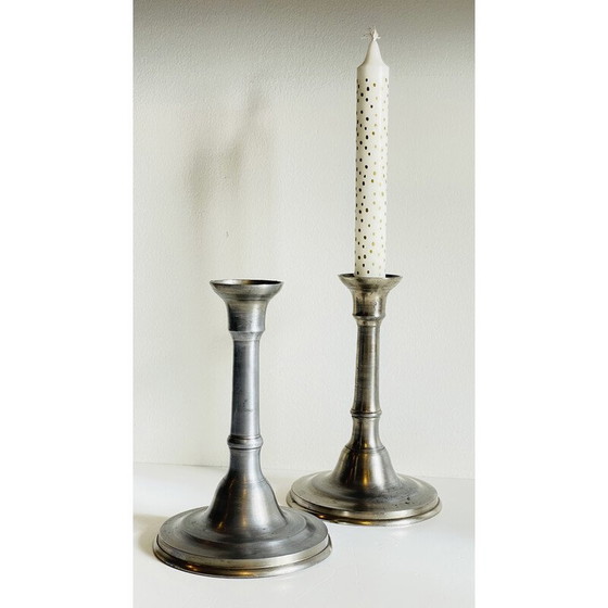 Image 1 of Pair of vintage pewter candlesticks