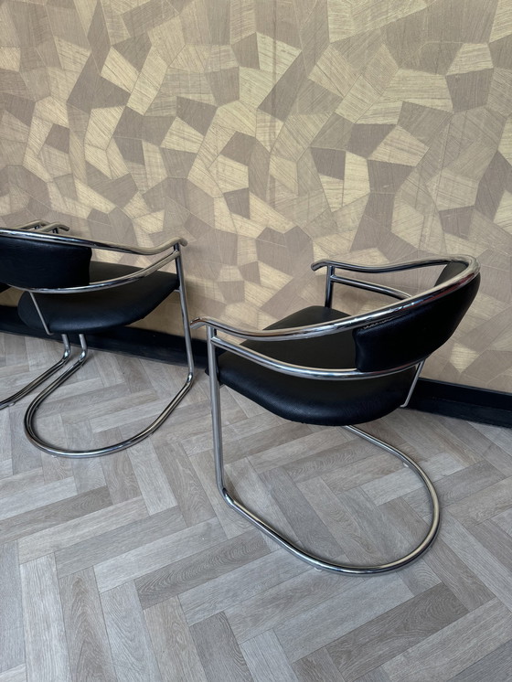 Image 1 of 6X Arrben Sled Chairs Black Leather 1980s