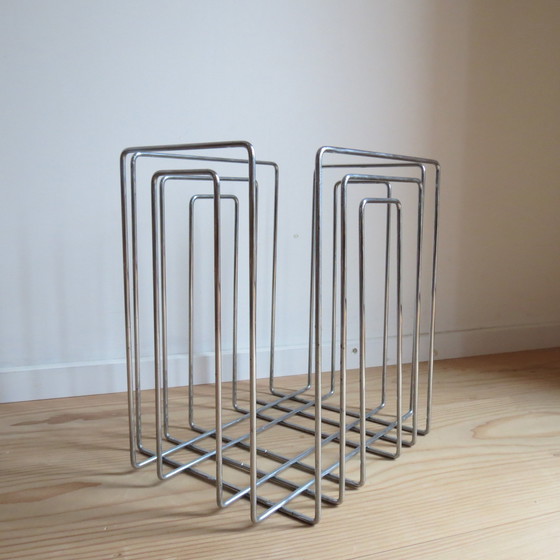 Image 1 of 1980s Willi Glaeser Chrome Magazine Rack Record Rack Swiss Midcentury Style
