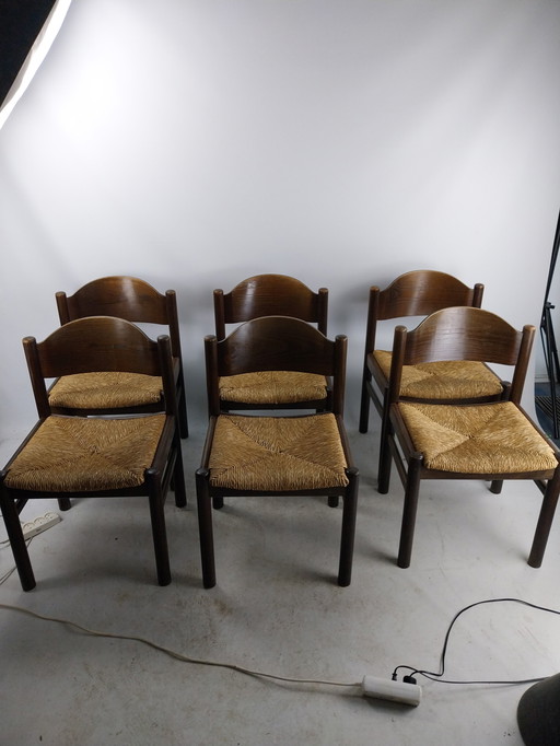 6 X 1970'S Wooden Dining Chairs With Piping Seat.