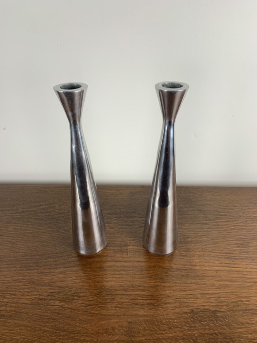 Pair Of Silver Metal Candle Holders, Denmark 