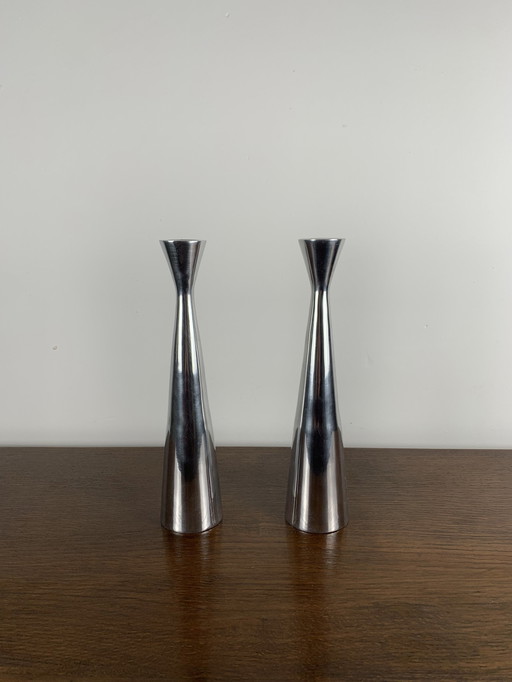 Pair Of Silver Metal Candle Holders, Denmark 