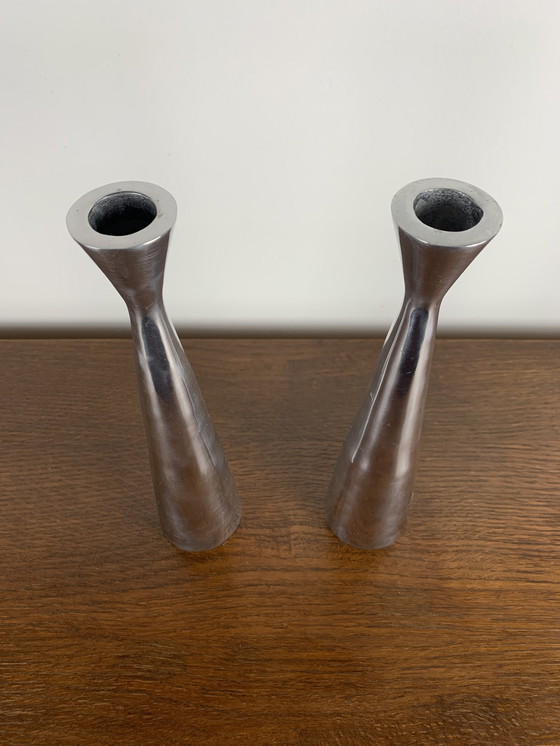 Image 1 of Pair Of Silver Metal Candle Holders, Denmark 