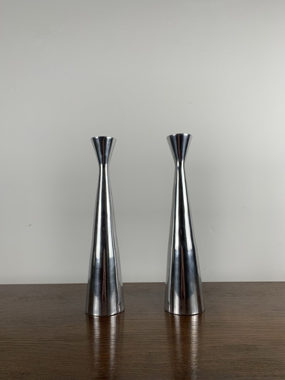 Image 1 of Pair Of Silver Metal Candle Holders, Denmark 