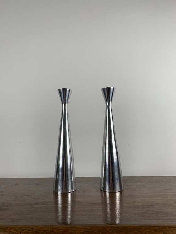 Image 1 of Pair Of Silver Metal Candle Holders, Denmark 