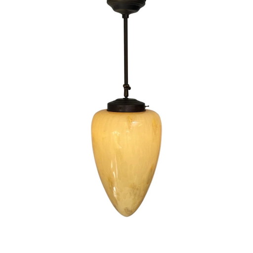 Art deco - Hanging pedant with marbled glass - Teardrop shaped glass -   Brass framework - very large, adjustable in height