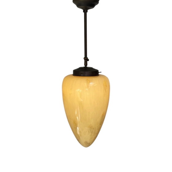 Image 1 of Art deco - Hanging pedant with marbled glass - Teardrop shaped glass -   Brass framework - very large, adjustable in height