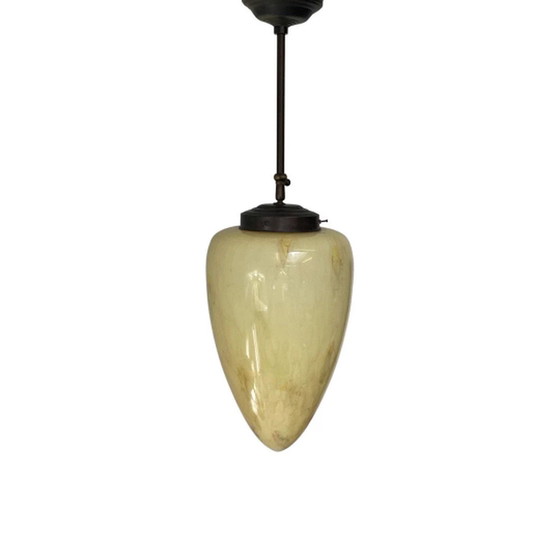 Image 1 of Art deco - Hanging pedant with marbled glass - Teardrop shaped glass -   Brass framework - very large, adjustable in height