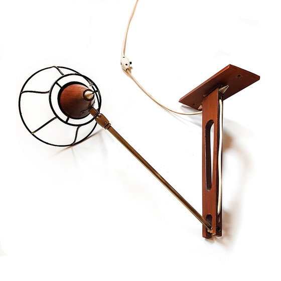 Image 1 of Mid-Century Scandinavian Teak & Brass Swing Arm Wall Lamp