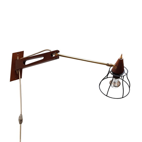 Image 1 of Mid-Century Scandinavian Teak & Brass Swing Arm Wall Lamp