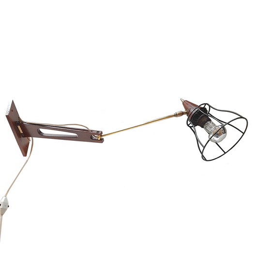 Image 1 of Mid-Century Scandinavian Teak & Brass Swing Arm Wall Lamp