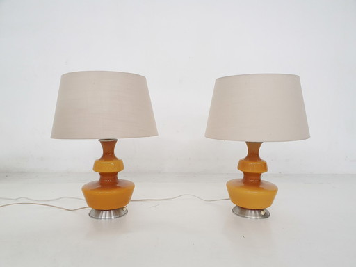 Set Of Two Mid-Century Yellow Glass Table Lights, Belgium 1960'S