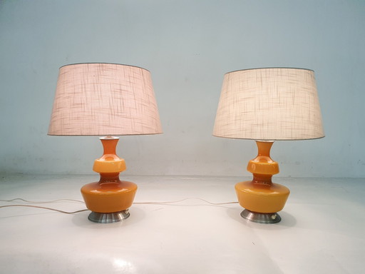 Set Of Two Mid-Century Yellow Glass Table Lights, Belgium 1960'S