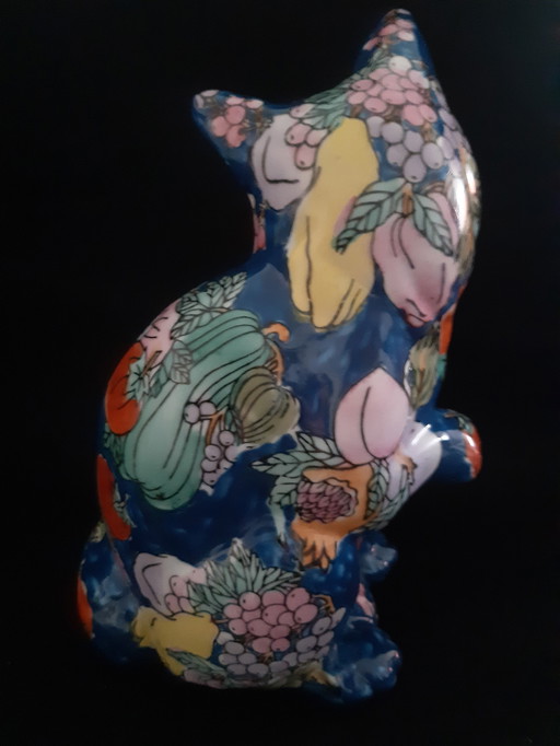 Gato asiático de cerámica extremadamente raro, azul con motivo de frutas, dinastía Hong Kong V, versión grande