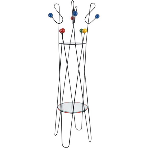 Vintage coat rack in black lacquered metal and colored wood by Roger Feraud, France 1950