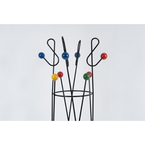 Image 1 of Vintage coat rack in black lacquered metal and colored wood by Roger Feraud, France 1950