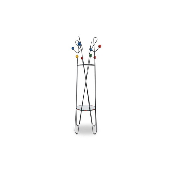 Image 1 of Vintage coat rack in black lacquered metal and colored wood by Roger Feraud, France 1950