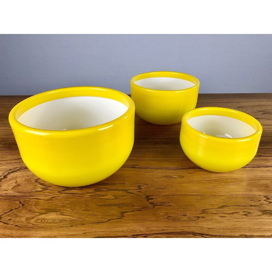 Image 1 of Set of 3 vintage Danish yellow bowls in glass by Michael Bang for Holmegaard, 1970s