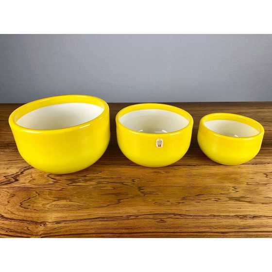 Image 1 of Set of 3 vintage Danish yellow bowls in glass by Michael Bang for Holmegaard, 1970s