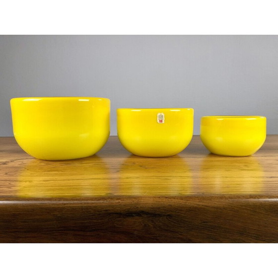 Image 1 of Set of 3 vintage Danish yellow bowls in glass by Michael Bang for Holmegaard, 1970s