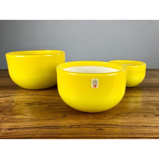 Image 1 of Set of 3 vintage Danish yellow bowls in glass by Michael Bang for Holmegaard, 1970s