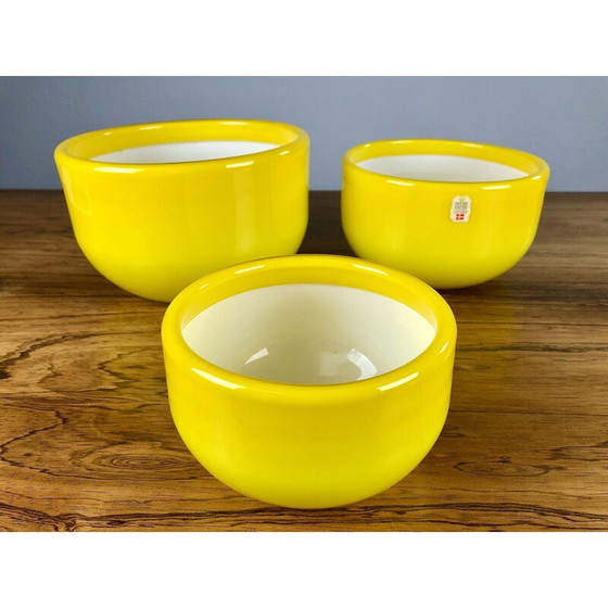 Image 1 of Set of 3 vintage Danish yellow bowls in glass by Michael Bang for Holmegaard, 1970s